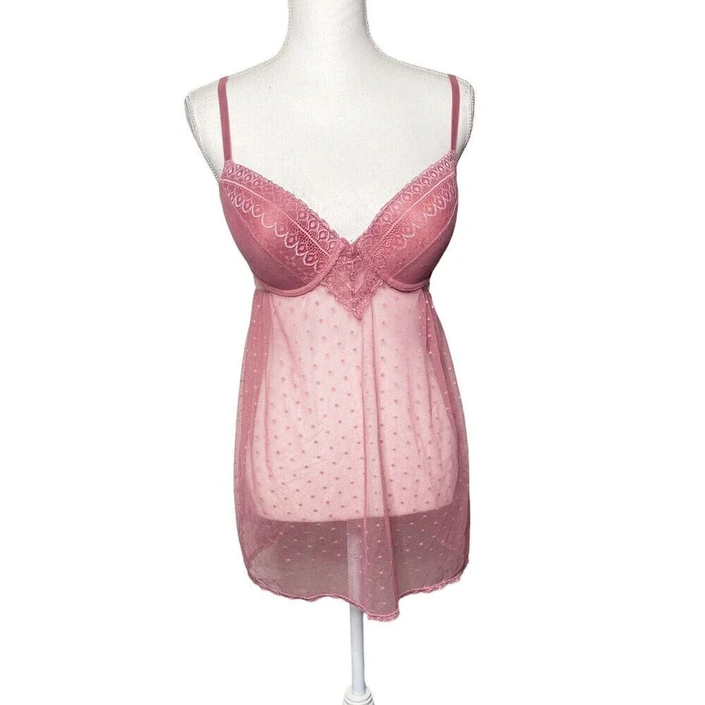 jessica simpson sz Large lingerie pushup baby doll Sequin mesh Top nightie pink